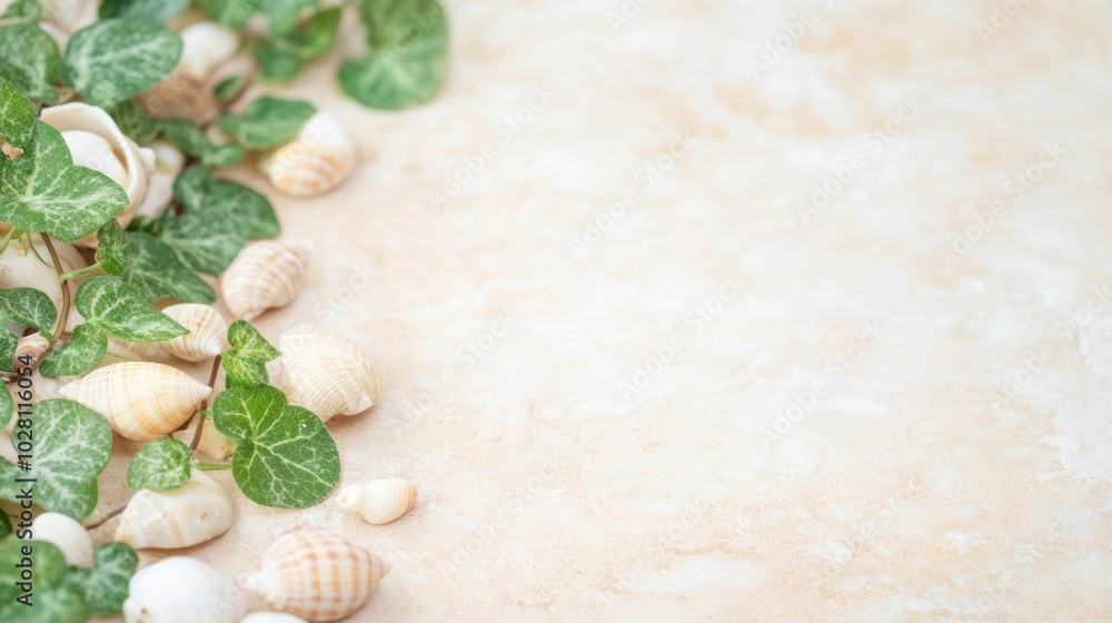 Poster delicate greenery and natural shells create a calming atmosphere, enhancing relaxation in a minimali