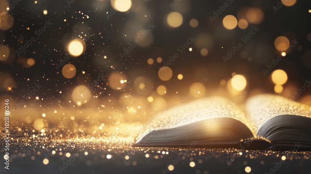 Poster an open book releases magical sparks and twinkling lights, creating a captivating atmosphere filled 