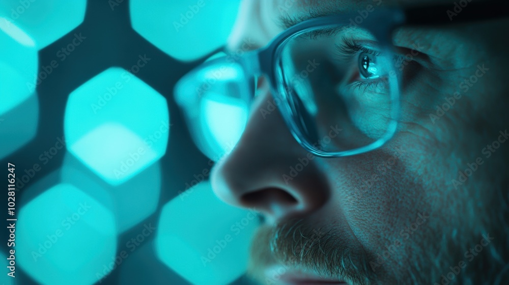 Aufkleber an optimistic scientist examines captivating hexagonal light patterns in a modern laboratory, highli