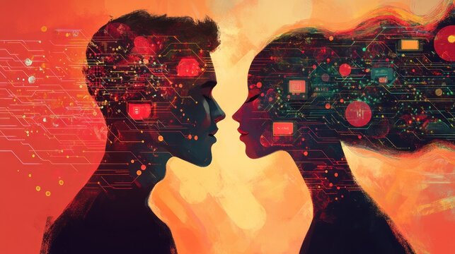 Love in the digital age, featuring a couple connecting through technology, highlighting the ways digital platforms and communication tools shape modern love and relationships.