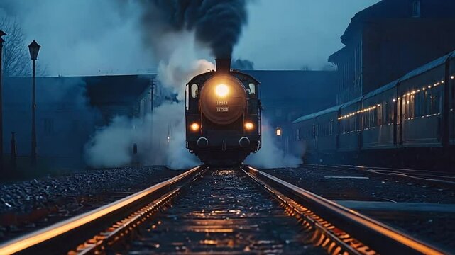 Steam Locomotive in the Night: A powerful steam locomotive chugs through the night, its headlight illuminating the tracks ahead as smoke billows into the air.