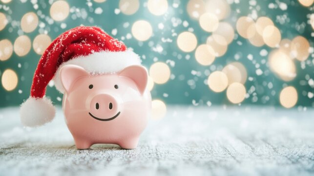 A cheerful piggy bank dressed in a Santa hat sits against a twinkling background, symbolizing holiday savings and festive cheer