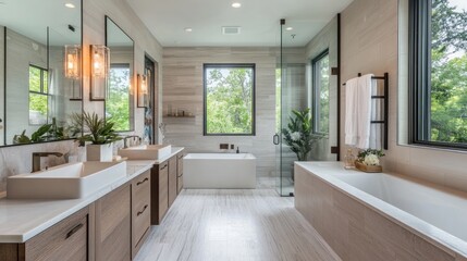 Luxury bathroom for eco-conscious homeowners, featuring sustainable materials, water-saving fixtures, and energy-efficient lighting,