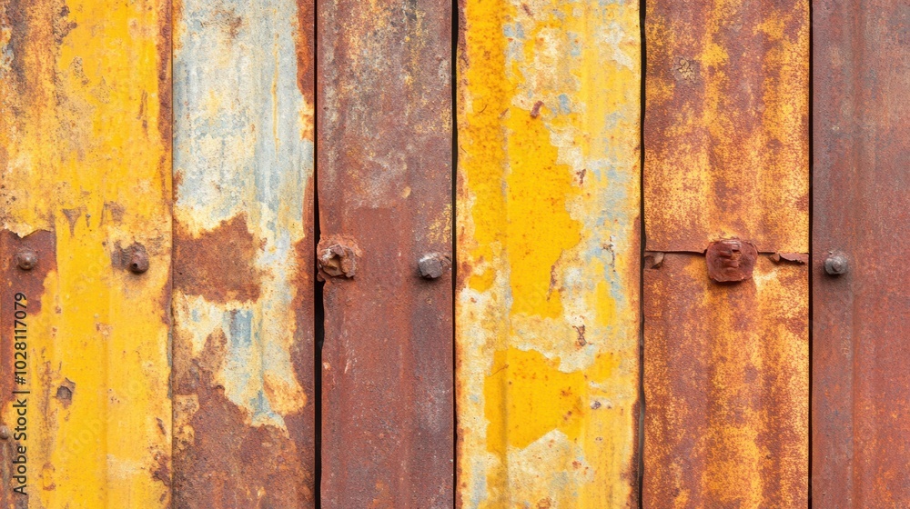 Poster a collection of weathered metal panels displaying rust and vibrant hues, creating a striking industr