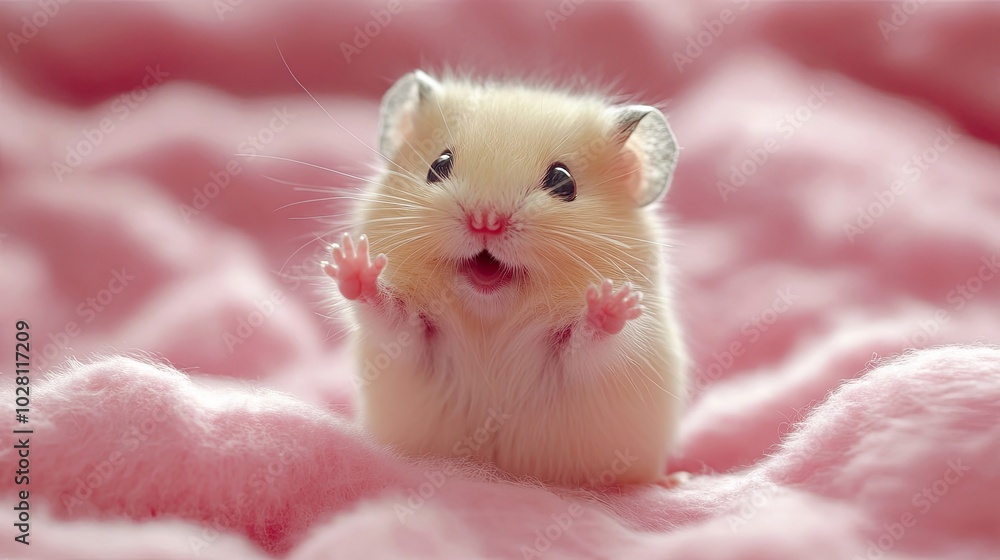 Poster playful hamster joyfully exploring soft blankets in a cozy setting generative ai