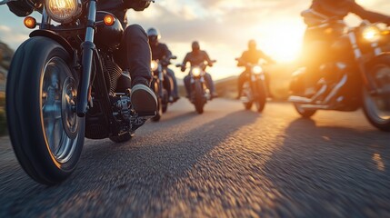 A group of motorcyclists riding down an open road