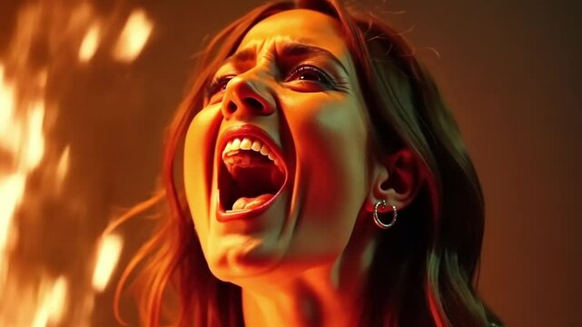 A dramatic closeup of a woman's face as she closes her eyes and lets out a powerful scream, with fiery sparks surrounding her, capturing the explosive energy of her rockstar performance