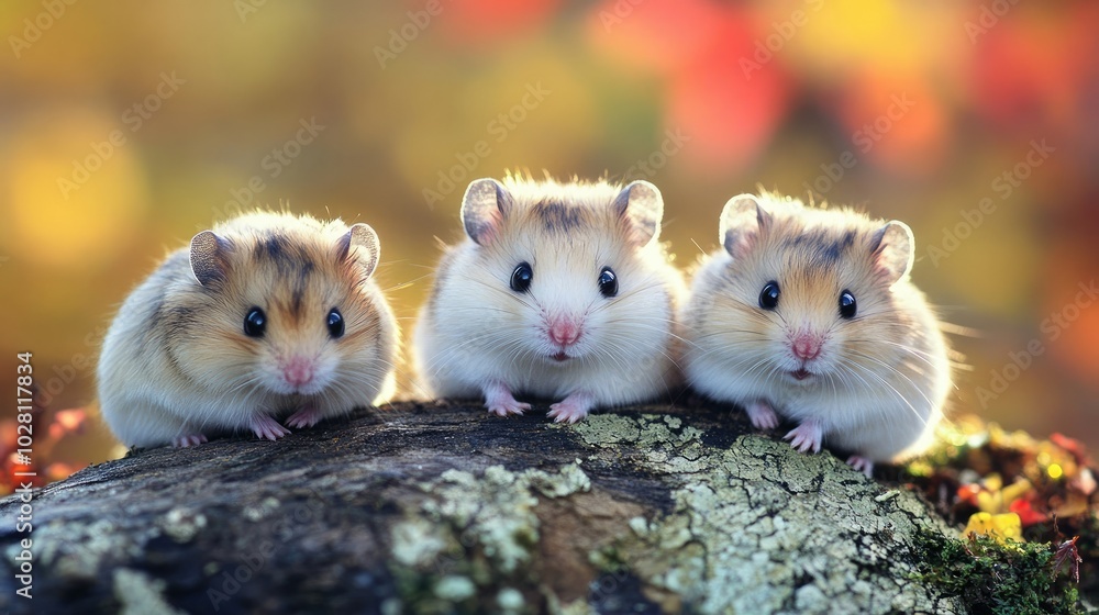 Aufkleber three cute hamsters exploring a log in a lively autumn setting generative ai