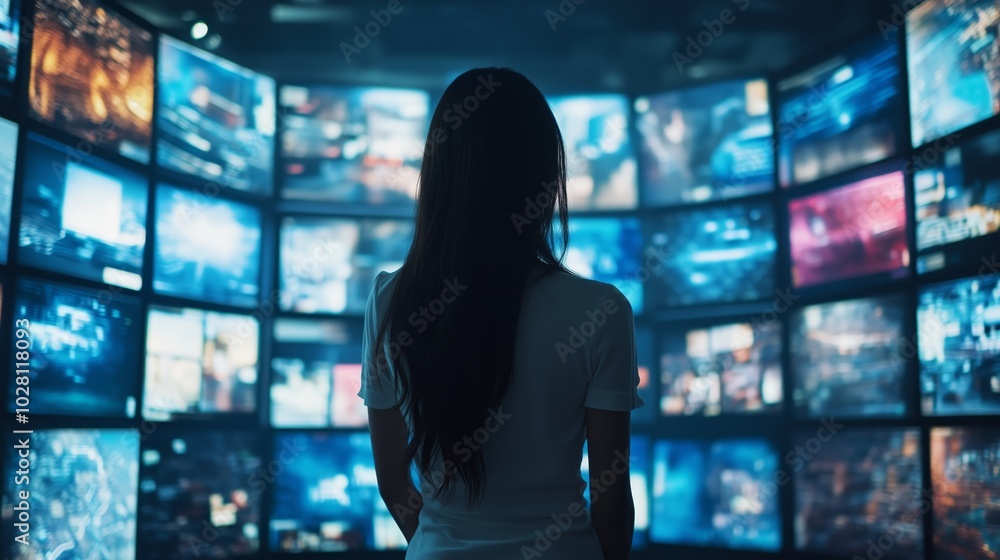 Poster a woman stands in front of an array of screens showing various media content, symbolizing the univer