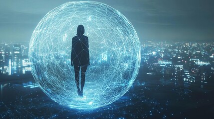 Obraz premium Privacy Data Security A person inside a glowing bubble, surrounded by floating personal data and shield icons, representing their personal information being secured