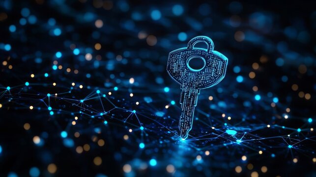 Privacy Data Security A massive digital key floating above a sea of personal data points, symbolizing the importance of encryption in protecting user privacy