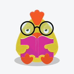 a cartoon of a chicken reading a book with a heart on the face.