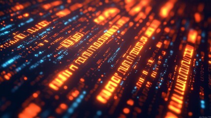 Digital binary code background with glowing numbers and data streams floating in the air, symbolizing advanced technology and information exchange. High-tech digital concept.