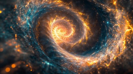 Strands of code, swirling and evolving, forming complex geometric patterns that rise like a double helix towards a radiant, golden light source.