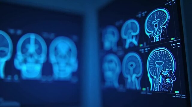Advanced medical imaging technology in neon blue showcasing a series of brain MRI scans for neurological research and diagnostics in a clinical setting