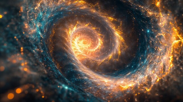 Strands of code, swirling and evolving, forming complex geometric patterns that rise like a double helix towards a radiant, golden light source.