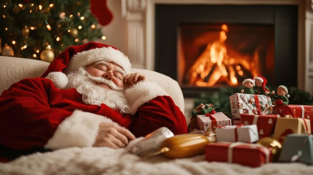 Santa snoozing by the fireplace, oblivious to mischievous elves swapping his gifts for random household items