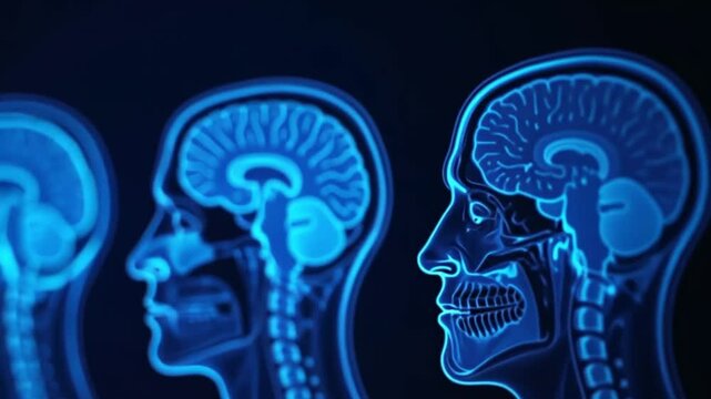 Advanced medical imaging technology in neon blue showcasing a series of brain MRI scans for neurological research and diagnostics in a clinical setting