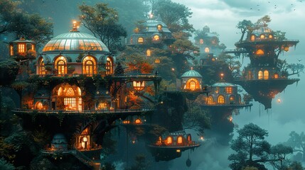 Enchanted Floating Houses in a Misty Forest