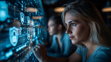 Cybersecurity and digital protection are critical in modern business, as professionals work with holographic interfaces displaying encrypted data, emphasizing the need for advanced security measures.