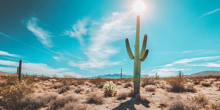 Paisagem des&eacute;rtica com cactos sob um sol brilhante