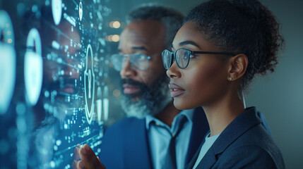 Cybersecurity and digital protection are critical in modern business, as professionals work with holographic interfaces displaying encrypted data, emphasizing the need for advanced security measures.