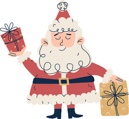 Cartoon Santa Claus in festive attire spreading joy with gift box on his hand
