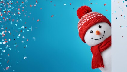 A cheerful snowman wearing a red hat and scarf peeks around a white corner, surrounded by colorful confetti. This image symbolizes joy, celebration, winter, and the holiday season.