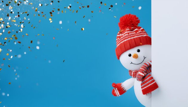 A cheerful snowman wearing a red hat and scarf peeks around a corner, confetti falls around him, symbolizing joy, celebration, winter, and festive spirit.