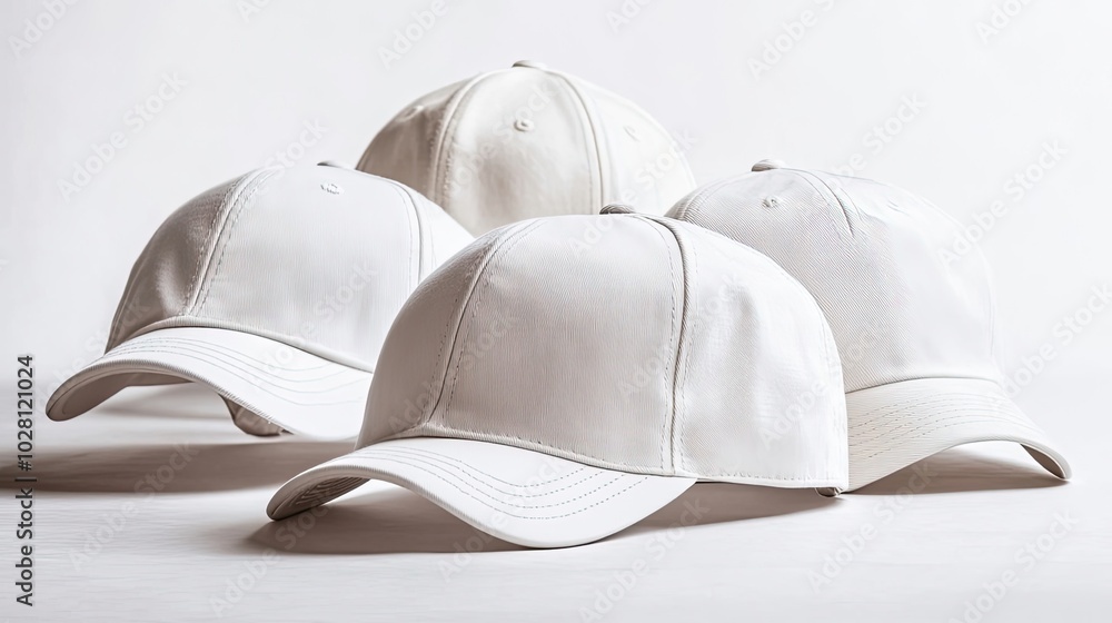 Aufkleber four white baseball caps arranged on a light background for display generative ai