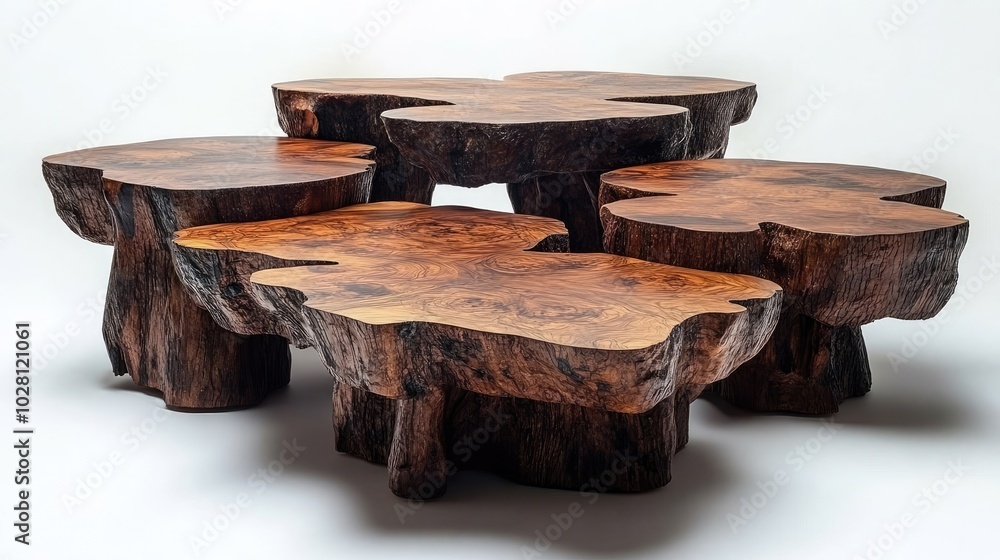 Poster unique wooden tables arranged artistically in a modern setting generative ai
