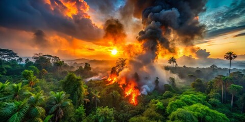 A breathtaking portrayal of nature's wrath and tenacity, showcasing the powerful blaze in the Cameroon jungle and its impact on the vibrant ecosystem.