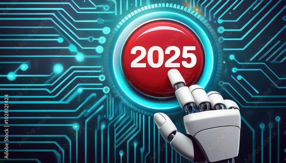 Poster a robotic hand presses a red button with the number 2025 on it, symbolizing technological advancemen