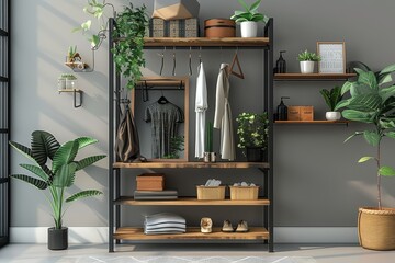 Modern living room or bedroom interior design featuring a black steel frame storage rack with mirror and hanger, stylish wooden shelves for women's wardrobe.