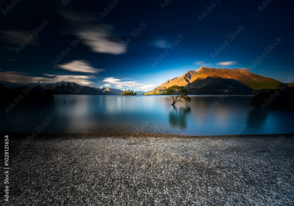 Poster A lone tree stands in a lake, its branches reaching towards a mountain range behind. The water is calm and still, reflecting the blue sky and the trees.