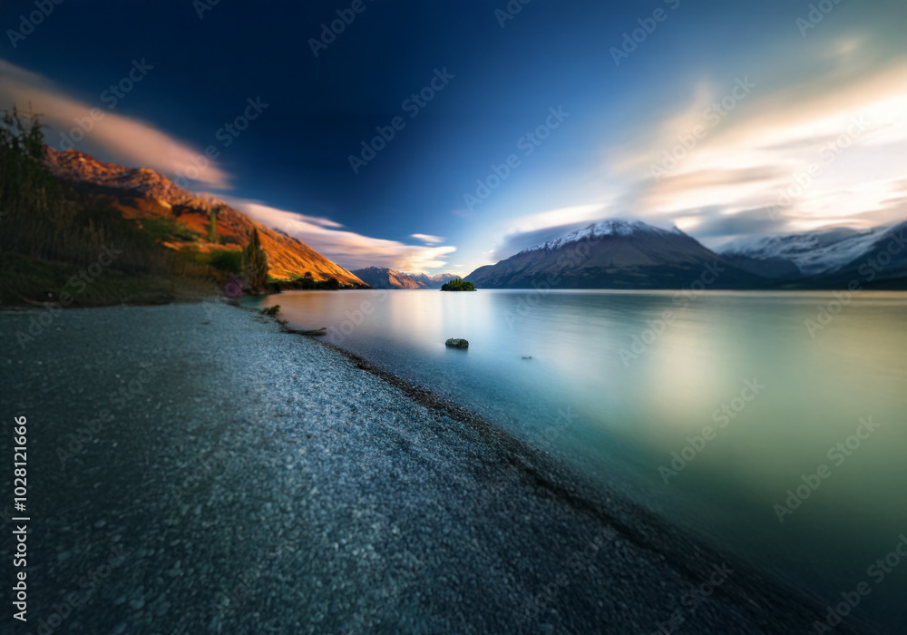Poster a scenic view of a calm lake with a small island in the distance. the mountains are covered in snow 