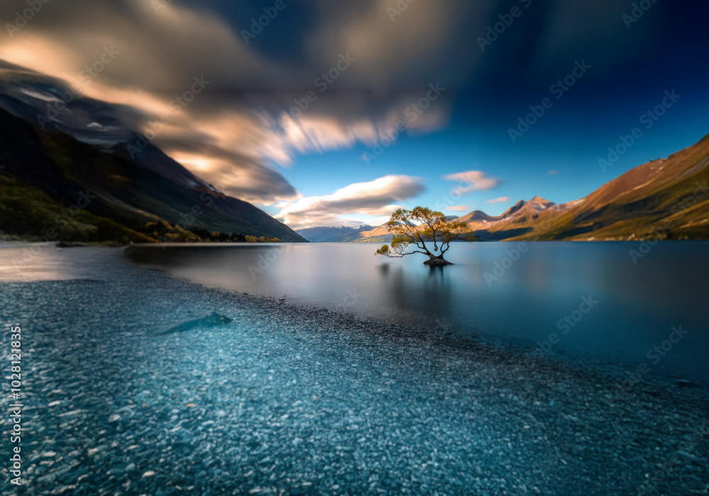 Aufkleber A solitary tree stands in a lake with mountains in the background and a blue sky with wispy clouds.