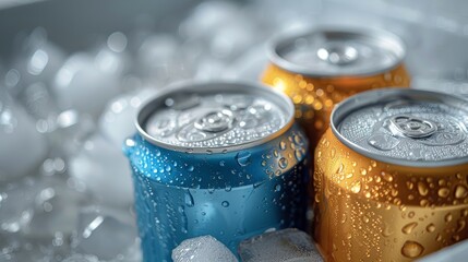 Close-up view of cold drink cans in an ice chest, featuring a blue and gold can on top against a white background.