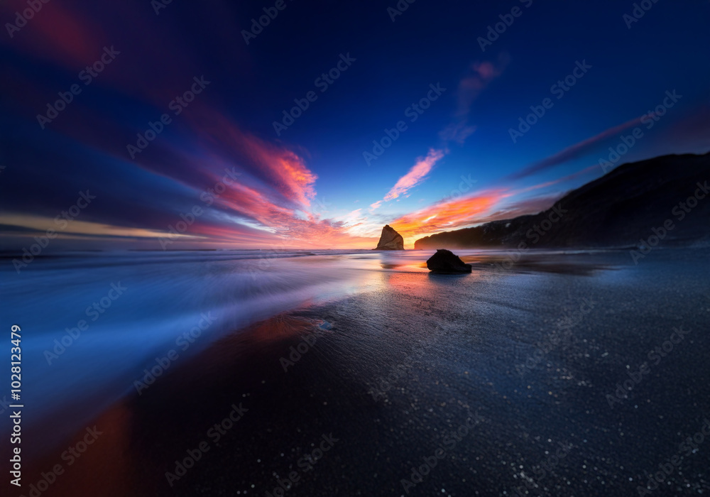 Aufkleber A beach scene at sunset with an isolated cliff and waves lapping onto the shore.