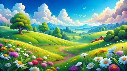A colorful cartoon landscape featuring lush meadows and bright blue skies, perfect for game asset design, inviting players into a lively and cheerful environment.