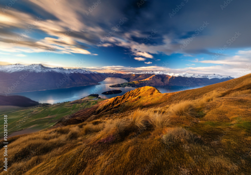 Poster a scenic view of a mountain range with a lake in the foreground. the mountains are covered in snow, 