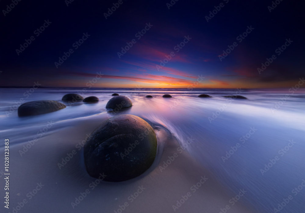 Aufkleber smooth, rounded rocks sit on a sandy shore with the waves crashing behind them as the sun sets, crea