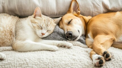 Dog and Cat Sleeping Together on Sofa