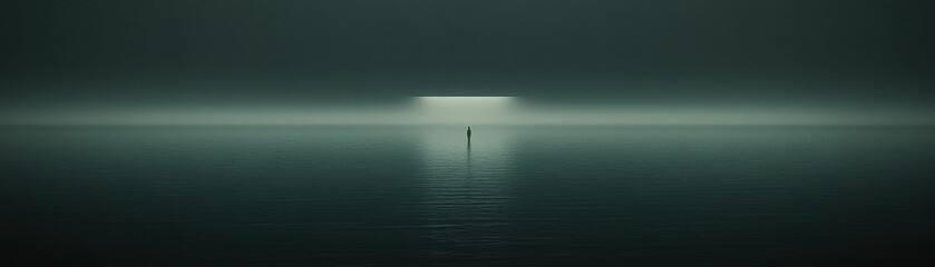 A surreal scene of a lone figure standing in still water under a foggy sky, with a single beam of light piercing through the darkness..