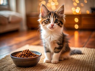 Adorable Calico Kitten with Kibble Bowl - Fluffy Feline Close-Up for Pet Lovers and Cat Enthusiasts