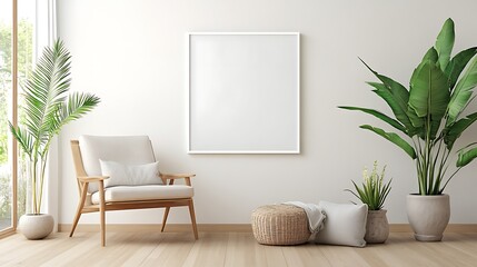 A casual coastal living room with light furniture, airy drapes, and a blank white frame displaying a serene seaside scene above a comfy armchair, inviting creativity.