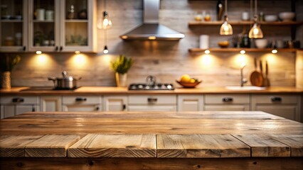 Rustic Kitchen Tabletop with Warm Lighting and Blurred Background
