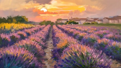Fototapeta premium Original oil painting of lavender fields on canvas.Sunset landscape.Modern Impressionism