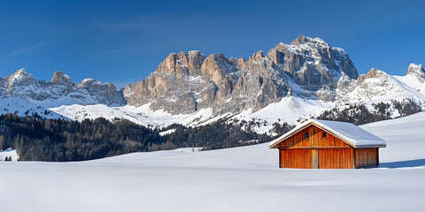 Paisagem de montanha nevada com uma cabana aconchegante