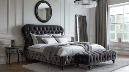 Dark grey velvet fabric bed with silver embellishments, black footstool, and white pillows, set in a modern bedroom with mirror, white walls, and light wooden floorboards.